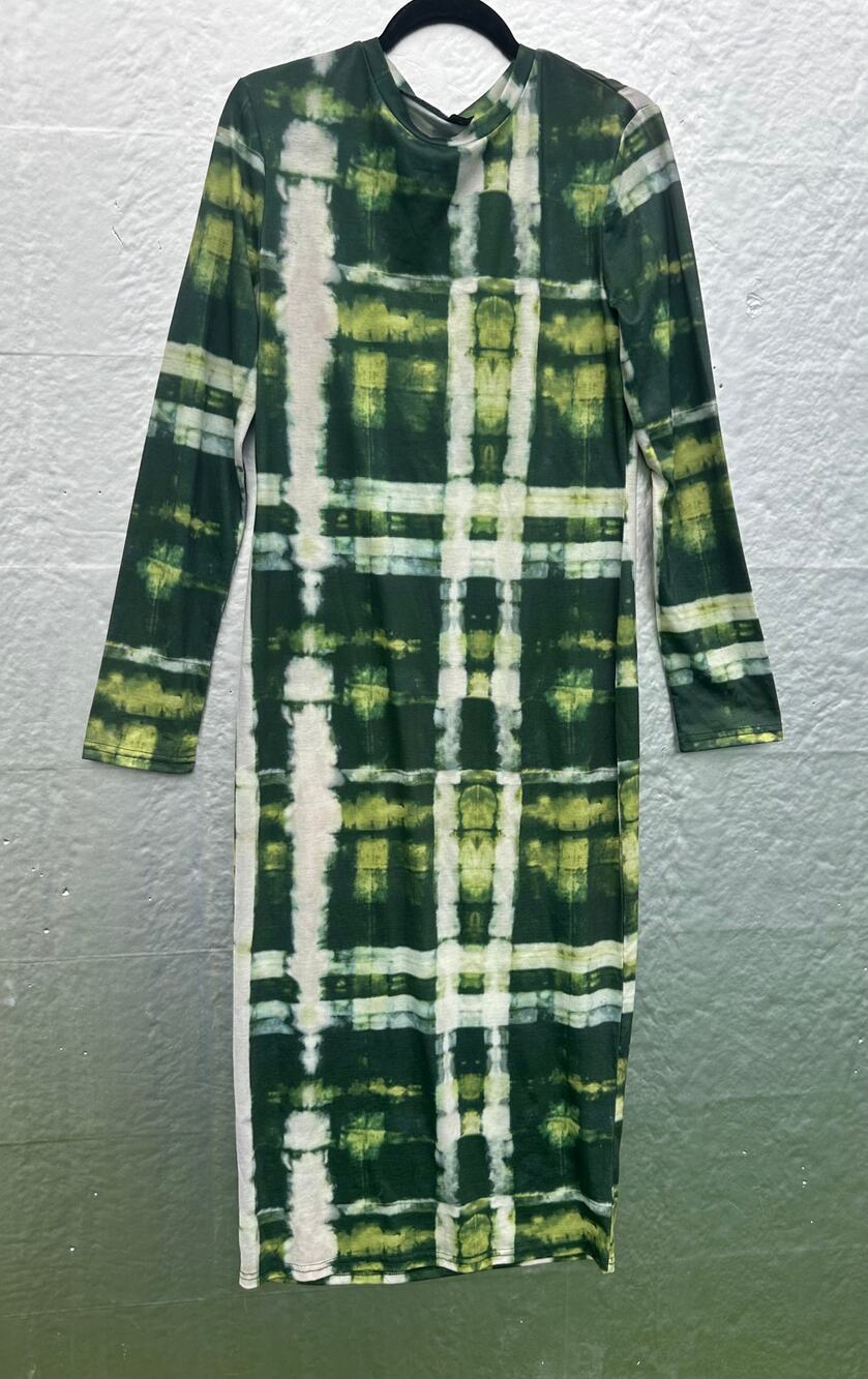 SHEIN Green Tie Dye Bodycon Midi Dress Long Sleeve